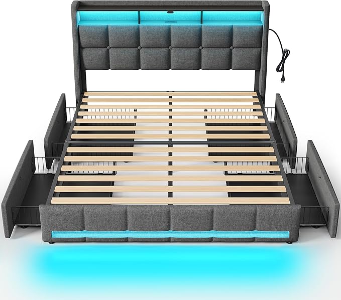 Rolanstar Full Size Bed Frame with RGB LED Lights & Charging Station, Upholstered Storage Headboard with 4 Drawers, Heavy Duty Metal Frame, No Box Spring Needed, Easy Assembly