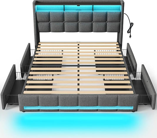 Rolanstar Full Size Bed Frame with RGB LED Lights & Charging Station, Upholstered Storage Headboard with 4 Drawers, Heavy Duty Metal Frame, No Box Spring Needed, Easy Assembly