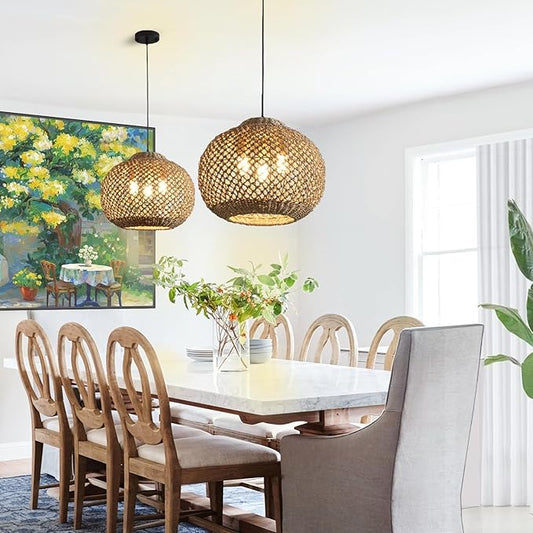 16.94" Rattan Pendant Light Fixture, 3-Light Woven Wicker Seagrass Hanging Lighting Boho Coasta Rattan Chandelier of Kitchen Island Farmhouse Dining Room Entryway Foyer