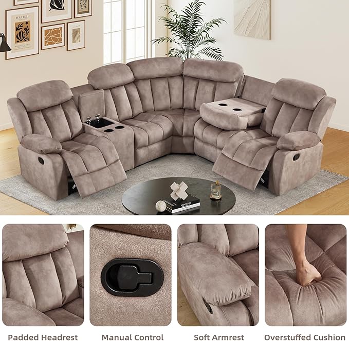 EBELLO Manual Reclining L-Shaped Sectional Sofa Set, Soft Fabric Corner Couch with Center Console, Cup Holders and Storage – Perfect Living Room Home Set Furniture, Light Brown