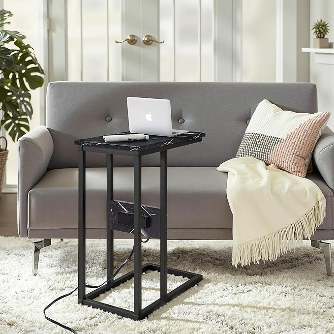 VECELO C-Shaped End Side Table Set of 2, with Charging Station & Two USB Ports and Outlets for Living Room, Bedroom, with Adjustable Feet for Couch/Sofa, Bedside, Small Spaces，Black Marble