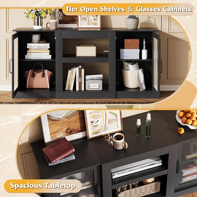 WLIVE Farmhouse TV Stand for 65 inch TV, 58" Entertainment Center with Storage Cabinets, Open Shelves TV Console for Living Room and Bedroom, Black
