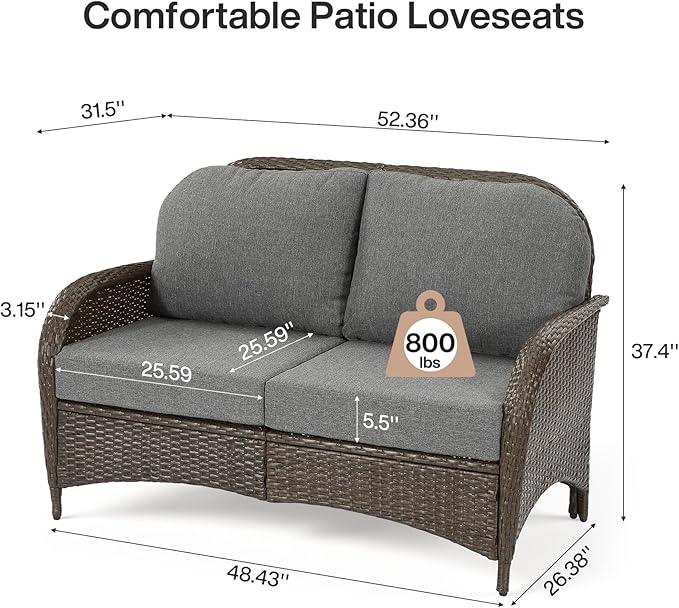 Tribesigns Outdoor Wicker Loveseat with Thick Gray Cushions, 2-Seater Patio Sofa, All-Weather PE Rattan Outdoor Furniture for Porch, Deck, Backyard, Brown/Gray