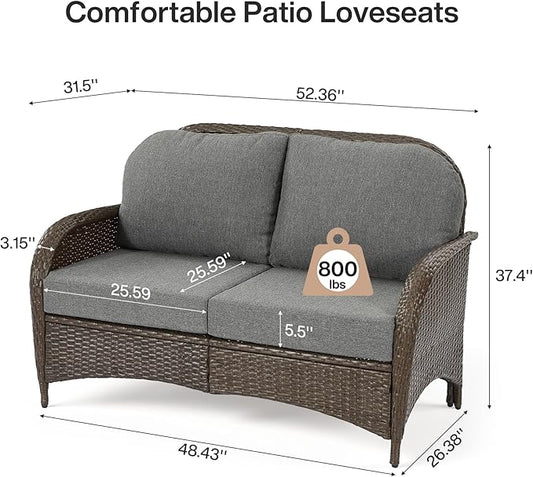 Tribesigns Outdoor Wicker Loveseat with Thick Gray Cushions, 2-Seater Patio Sofa, All-Weather PE Rattan Outdoor Furniture for Porch, Deck, Backyard, Brown/Gray