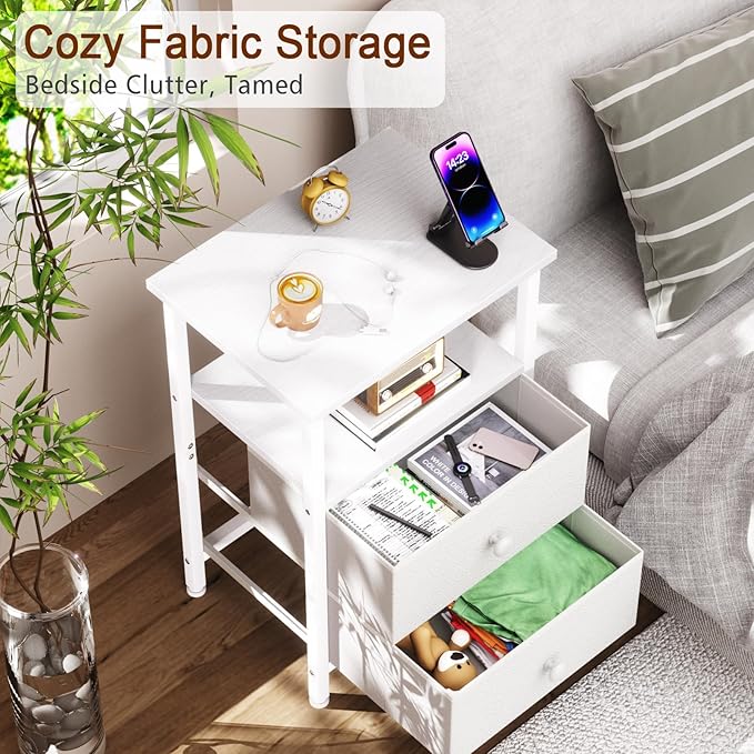 Night Stand for Bedroom, Nightstand with 2 Fabric Drawers, Small Bed Side Table Table with Open Storage Shelf for Living Room, White, HETS002WP-1
