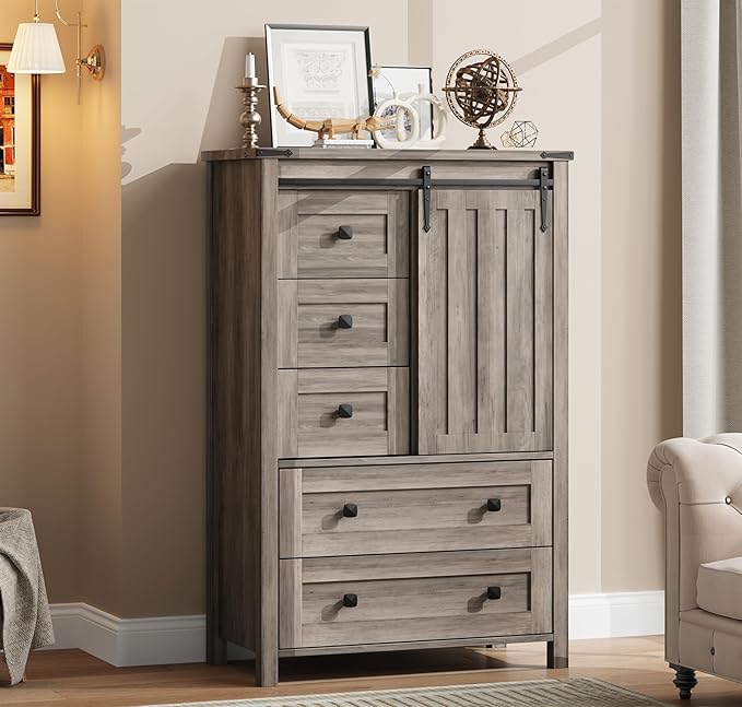 GarveeHome Farmhouse 5 Drawer Dresser for Bedroom, 48 in Tall Wood Dresser Chest of Drawer with Sliding Barn Door, Adjustable Shelf, Storage Organizer for Bedroom, Hallway, Living Room, Kitchen, Grey