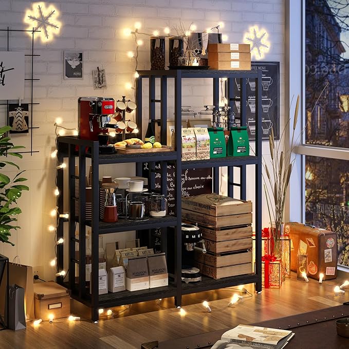 6-Tier Adjustable Mini Fridge Cabinet With Power Outlet,Kitchen Bakers Rack With storage,Mini Fridge And Microwave Stand,Coffee Bar, Free Standing Shelf for Kitchen, Home Office,Balcony,Black