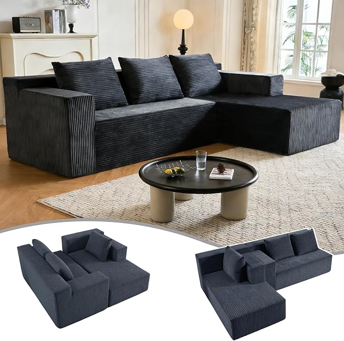 HonTop Modular Sectional Sofa L-Shape Couch, Upholstered Boneless Corduroy Fluffy Couch for Living Room, Deep Seat with Pillow Backrest, No Assembly Required (Grey, Right Facing Chaise) | Friendly Size, Flexible Modular, Family Pet-Friendly, Soft Cordu...