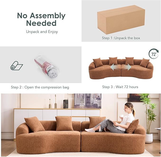 110" Oversized Cloud Sectional Sofa Modern Curved Boneless Couches for Living Room, 4-Seater Extra Deep Seat Foam Floor Compressed Couch w/Tight Backrest and 4 Pillows,Chenille Sofa & Couches | Breathable material, Non-slip, No Assembly Required