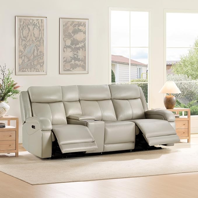 Watson & Whitely Genuine Leather Power Recliner Sofa, 3 Seater Wall Hugger Reclining Sofas with Storage Console, Power Headrest, USB, Electric Recliner Couch Set for Living Room, Grey