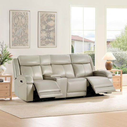 Watson & Whitely Genuine Leather Power Recliner Sofa, 3 Seater Wall Hugger Reclining Sofas with Storage Console, Power Headrest, USB, Electric Recliner Couch Set for Living Room, Grey
