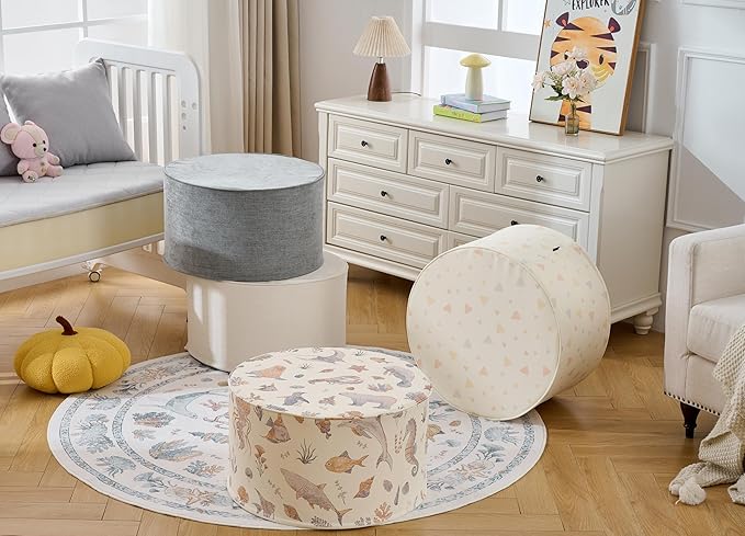 Large 22" Sturdy and Comfortable Ottoman Pouf Sealife Design for Kids Toddler Playroom, Bedroom, Nursery with Foam Filling as Seating, Footrest, Side Table Nautical Home Décor PU Leather (Cream Multi)