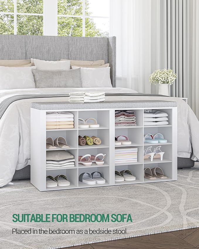 Shoe Bench with Cushion, Entryway Storage Bench with 16 Cubbies, Cubby Shoe Rack with Adjustable Shelves, Shoe Organizer Cabinet for Living Room, Bedroom, Entryway, White SB25603GY