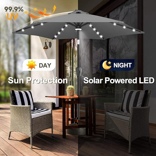 FLAME&SHADE 7.5 FT Solar Light Patio Umbrella, 24 LED Lights Outdoor Umbrella with Centre Surround Light, Table Umbrella Outdoor Patio for Deck, Pool, Backyard, Garden, UV Protection (Anthracite)