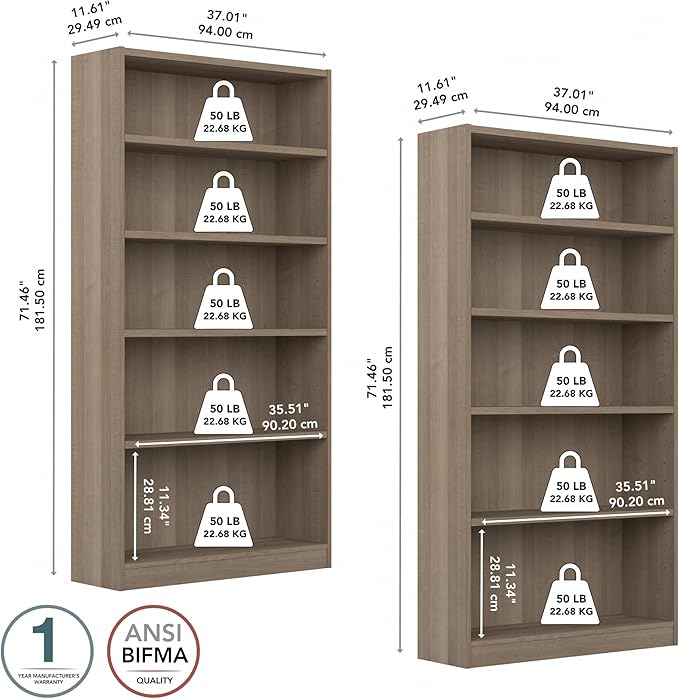 Bush Furniture Universal Tall 5 Shelf Bookcase in Ash Gray - Set of 2, Matching Storage and Display Bookshelves for Home Office or Living Room Organization