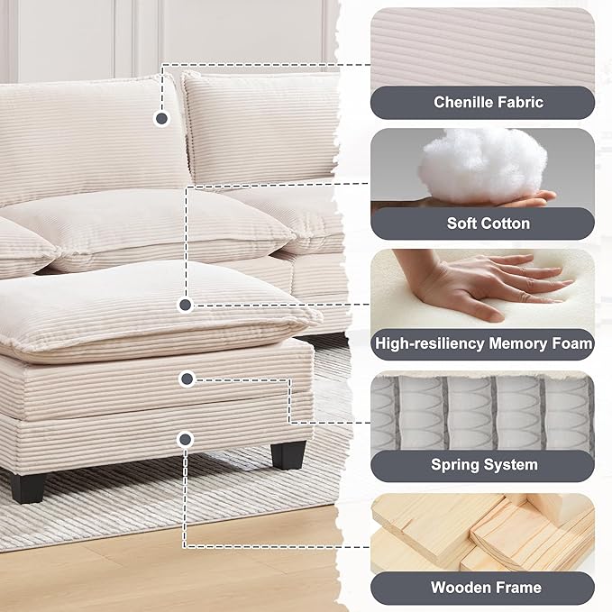 103" Oversized Modular Sectional Sofa Couch with Reversible Ottoman, Free Combination Convertible Corner Couch,Corduroy Upholstered Cloud Sectional Couch with Side Pockets | Multiple Cushions, DIY Combination, Removable Cover