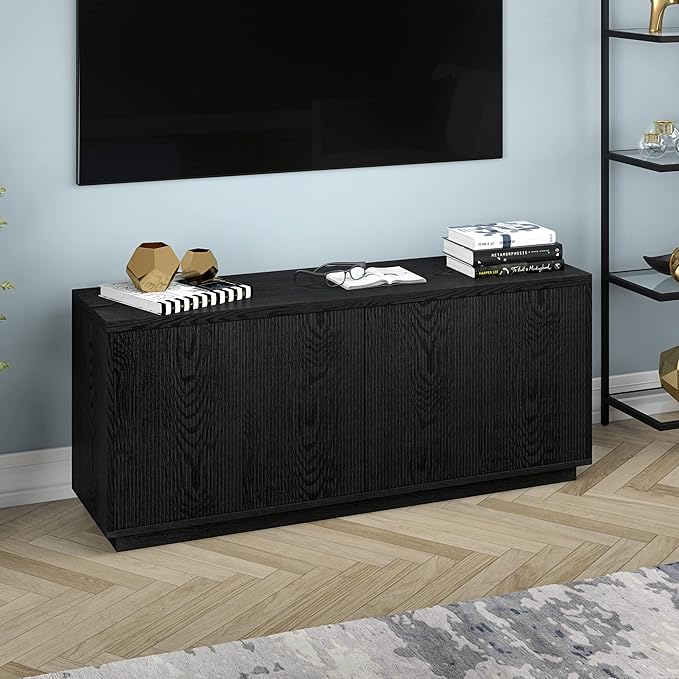 Henn&Hart Fluted TV Stand for TVs up to 65" with 2 Concealed Ribbed Storage Cabinets and Adjustable Shelves for Living Room, Family Room, or Office, Black Grain