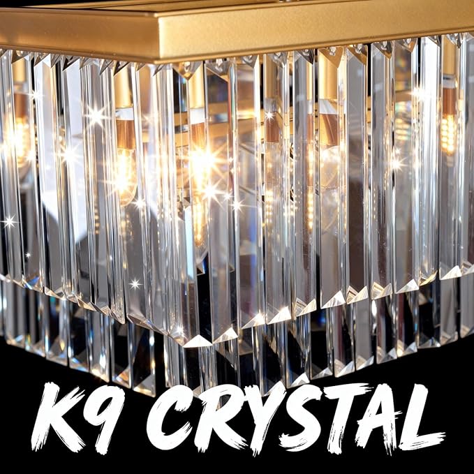 Gold Rectangle Crystal Chandelier, Modern Rectangular Pendant Ceiling Hanging Linear Chandeliers Light Fixture for Dining Room, Kitchen Island, Bar, 14-Light 59 Inches