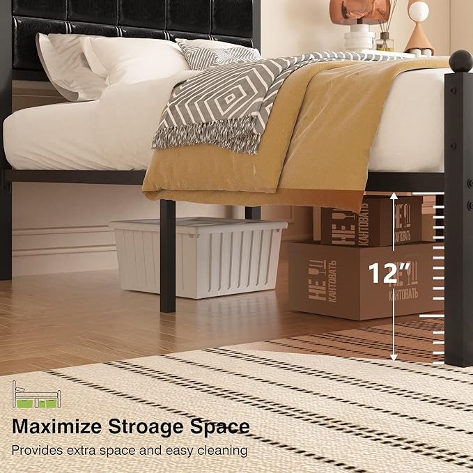 VECELO Twin Metal Bed Frame, Faux PU Leather Platform Beds with Upholstered Headboard and Footboard, Strong Slats Support, 12" Underbed Storage, Noise-Free, No Boxing Spring Needed, PU Black