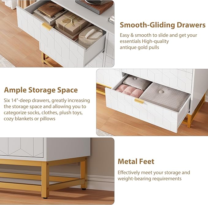 GAOMON Dresser for Bedroom, 53.5" Large Dresser Organizer, 6 Drawer with Golden Metal Handle and Legs, Modern Chest of Drawers, White Dressers with Drawers for Closet, Hallway, Living Room, Entryway