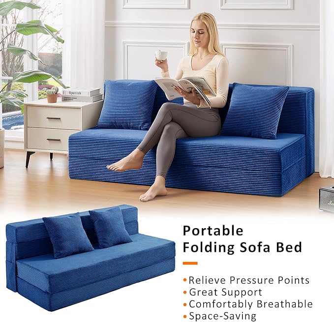 JKMAX Queen Size Folding Sofa Bed - 4 in 1 Convertible Sleeper Chair with Two Pillows - High Density Memory Foam Futon Couch - Foldable Bed for Living Room Bedroom (Blue)