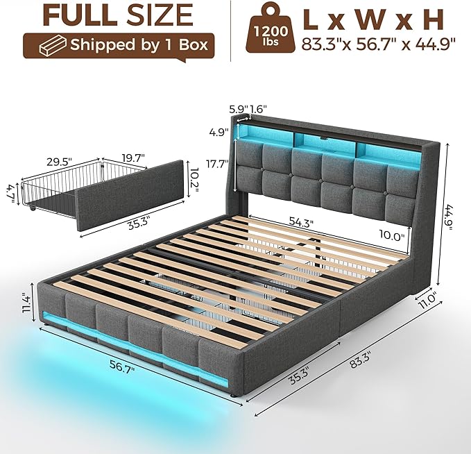 Rolanstar Full Size Bed Frame with RGB LED Lights & Charging Station, Upholstered Storage Headboard with 4 Drawers, Heavy Duty Metal Frame, No Box Spring Needed, Easy Assembly
