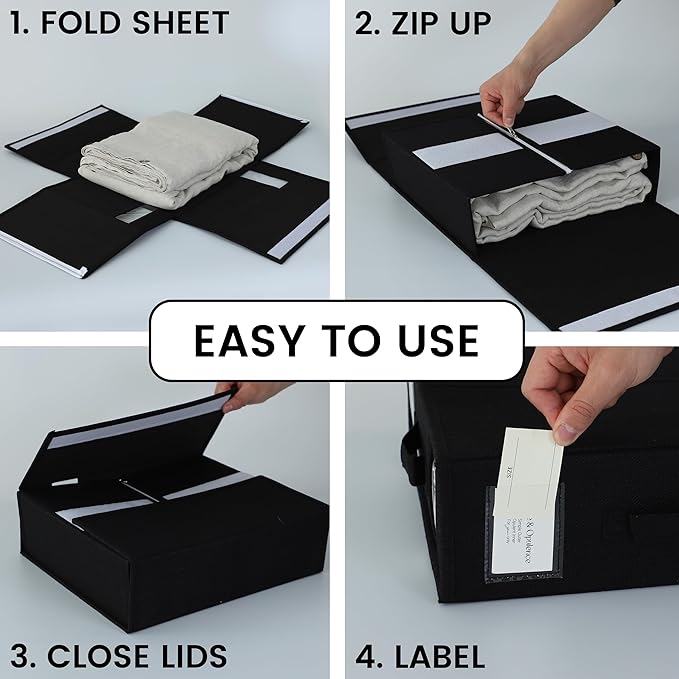 Simple&Opulence 4 Pack Bed Sheet Organizers and Storage, Linen Closet Organizers, Sheets Set Folder Storages with Window and Label (Queen/King Size) Organizing Bedding Container, Black