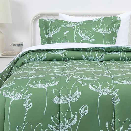 Amazon Basics Lightweight Microfiber Comforter Set, 5-Piece, Bed-in-A-Bag, Twin/Twin XL, Green Floral