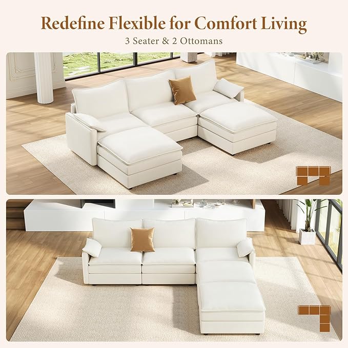 Vesgantti 108" U Shaped Sectional Couch, Comfy Cloud Modular Sectional Sofa with 2 Ottoman Deep Seat Chenille Modern Cloud Sofa, Modular Sofas for Living Room, Bedroom and Apartment, Snow White | Sink-in Comfort, Height Adjustable, Easy Rearrangement, ...