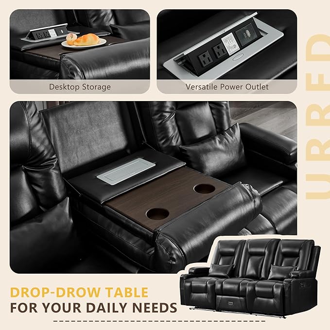 URRED Power Loveseat Recliner Sofa with Console, Wall Hugger Reclining Loveseat RV Couch with LED Light, 150° Zero Gravity Recliners Modular Couches for Living Room (Glossy Black, 77.3'' - 3 Seats)