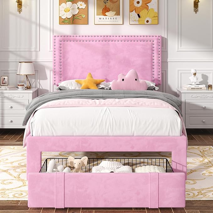VECELO Twin Size Bed Frame with Storage Drawer, Adjustable Velvet Rivet Decor Headboard, Wooden Slats Support Platform, No Box Spring Needed, Easy Assembly
