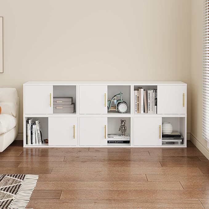 6 Cube Storage Organizer, Stackable Cubby Storage Organizer, Open Shelf Bookcase with Sliding Door, White Wood Bookshelves for Living Room, Bedroom and Apartment, Wall Mounted