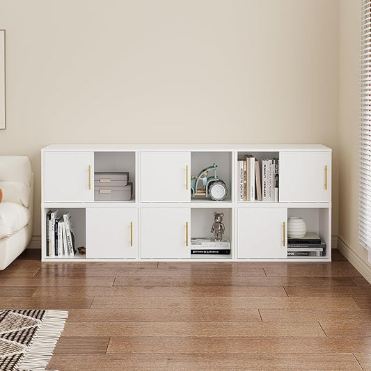 6 Cube Storage Organizer, Stackable Cubby Storage Organizer, Open Shelf Bookcase with Sliding Door, White Wood Bookshelves for Living Room, Bedroom and Apartment, Wall Mounted