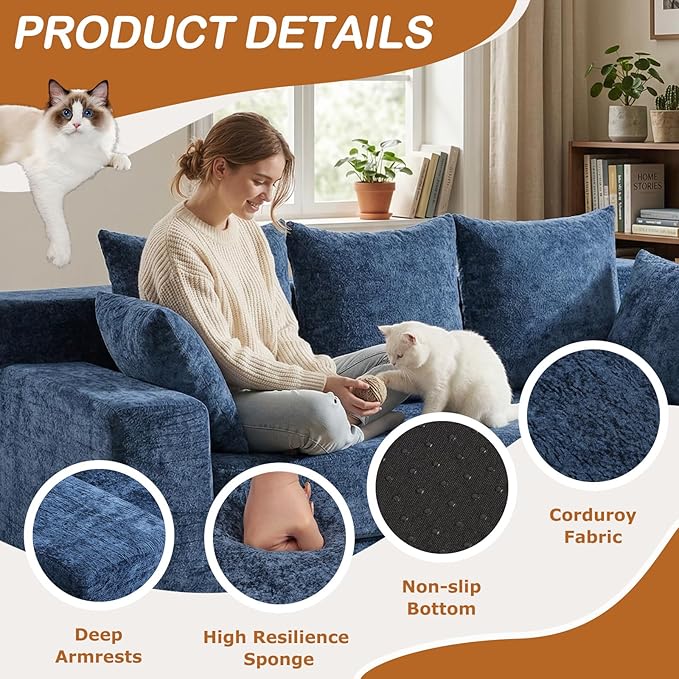 Convertible Sofa Bed, 5 in 1 Small Boneless Couch Pull Out Loveseat Sleeper Sofa,Corduroy Futon Couch Folding Mattress with 4 Pillows for Living Room Bedroom Lounge (Blue, 3 Seater)
