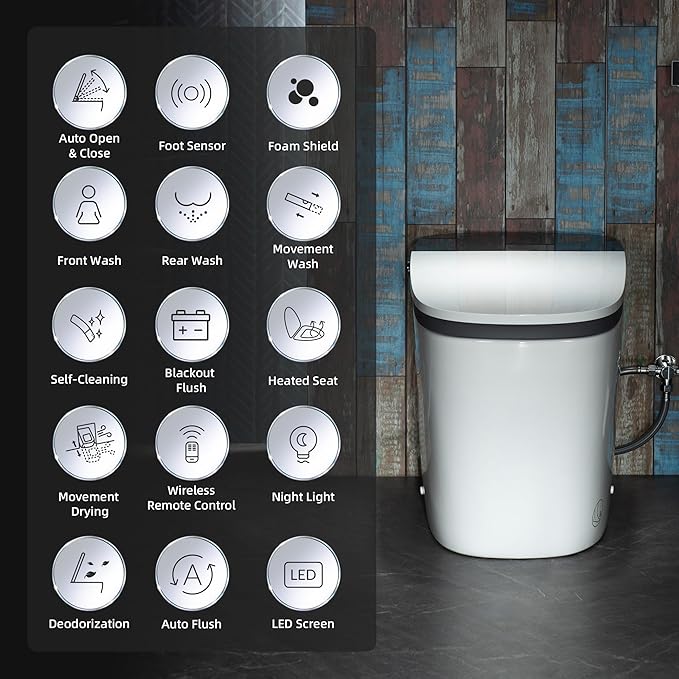 WOODBRIDGE Smart Toilet 1.28 GPF Dual Flush, Auto Open & Close, Auto Flush, Foot Sensor,1000 Gram MaP Flushing Score,Movement Drying,Heated Seat,ADA Chair Height and Cleaning Foam Dispenser