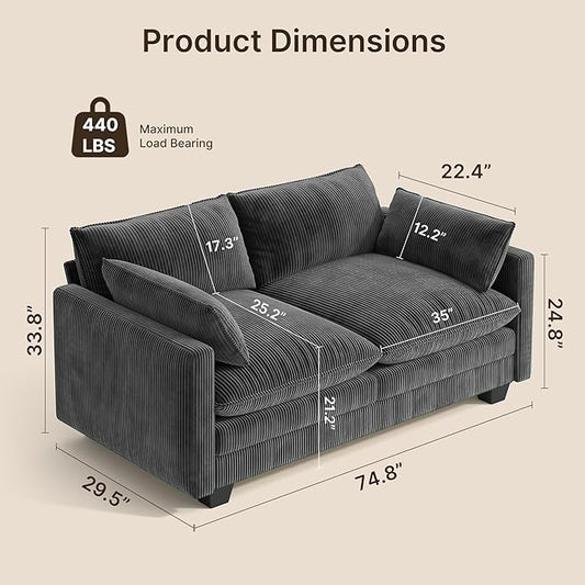 Gizoon 75” Small Cloud Loveseat Couches for Living Room, 2 Seater Love Seat Sofa with Comfy Deep Seat, Small Washable Couches with Removable Corduroy Cover for Apartment, Grey