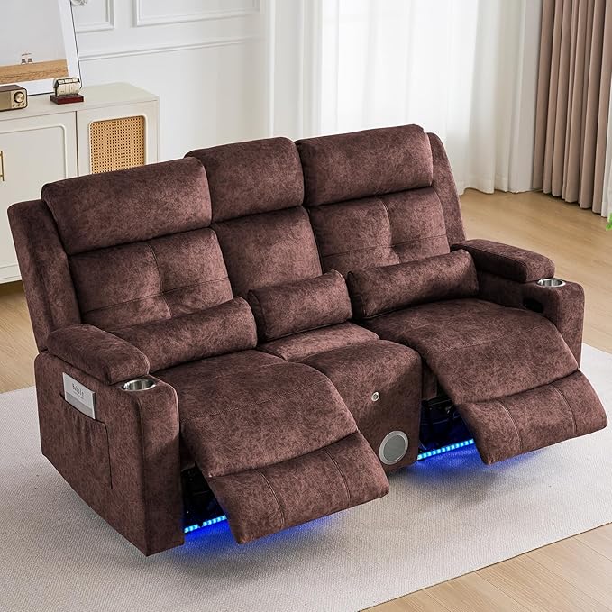RV Power Loveseat Recliner Sofa with Console|RV Reclining Loveseat with Bluetooth Speaker & LED Light | RV Wall Hugger Double Recliner Loveseat Sofa 3 Pillows (Velvet Brown) | LED Light, Electric Tilt, Hidden Storage, Comfy Velvet