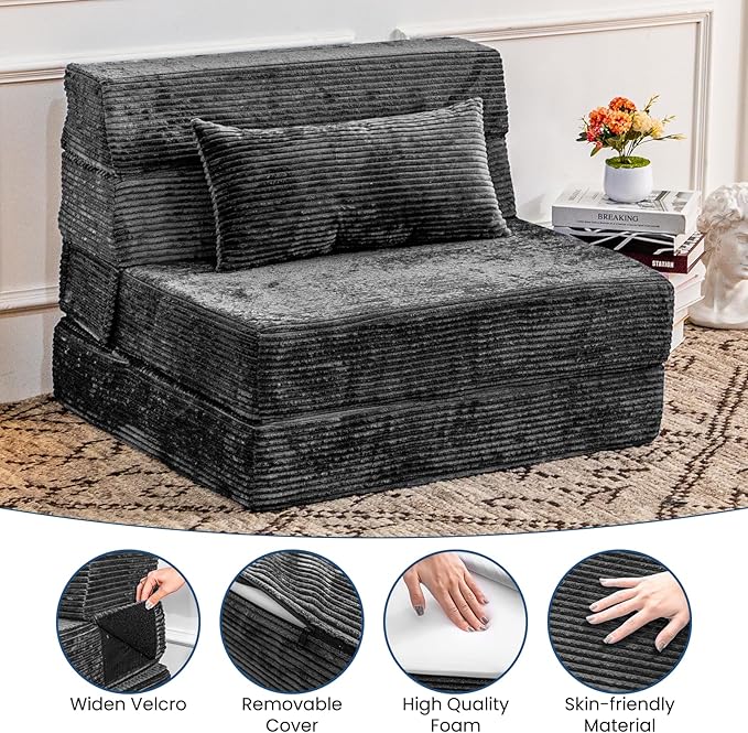 Cvortll Folding Sofa Bed, Convertible Sleeper Chair with Pillow, High Density Memory Foam Fold Out Couch, Foldable Mattress Futon Sofa for Living Room/Dorm/Guest Use/Apartment/Home Office