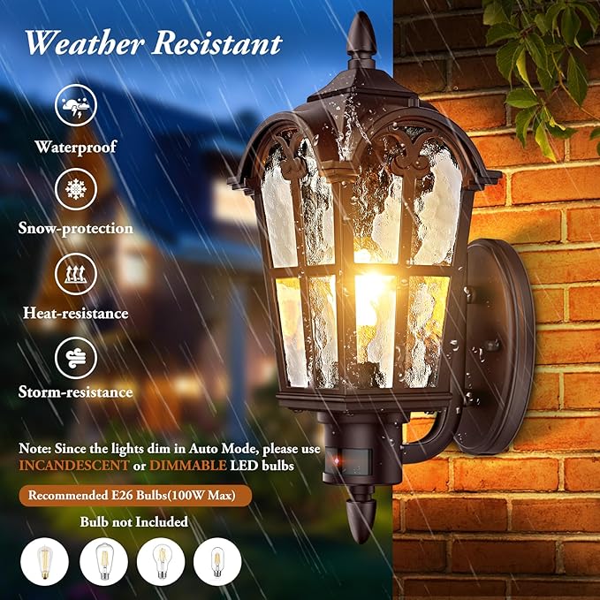 16in 2-Pack Large Motion Sensor Outdoor Wall Lights, Dusk to Dawn Porch Lights Wall Mount, Vintage Exterior Light Fixtures Sconces Lighting, Brown Wall Lanterns Outside Lights for House Front Door