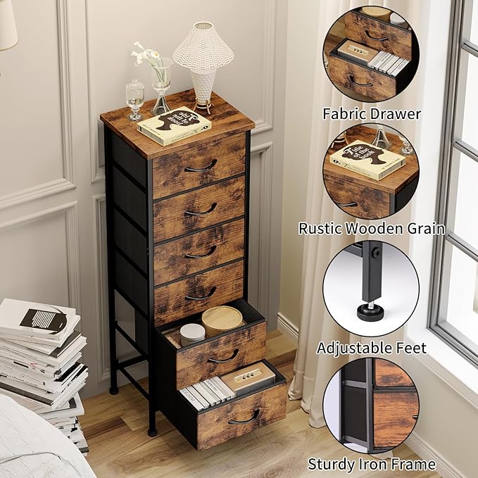Fixwal Tall Dresser for Bedroom Closet Organizers and Storage Tall Fabric Dresser with 6 Drawers, Small Clothes Storage Girl Bedroom Furniture, Rustic Brown