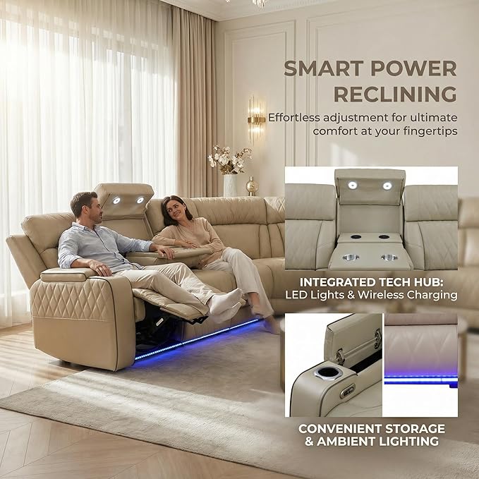 Power Recliner Sectional Sofa with LED Lighting, Breathing Leather Corner Couch with USB Port and Storage Console, Cup Holders, Reading Light – Home Theater & Living Room Seating (Beige)