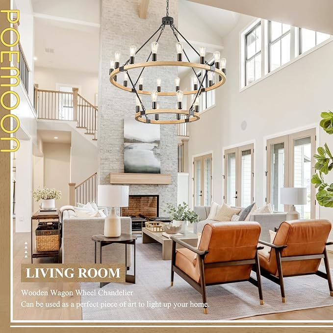 24-Light 2 Tiers Farmhouse Wooden Wagon Wheel Chandelier, 43.3'' Black Metal Round Chandeliers 2-Story Natural Rustic Light Fixtures for High Ceiling Living Dining Room Foyer Villa