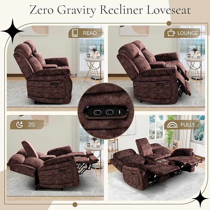 Power Reclining Loveseat with Zero Gravity, Adjustable Headrest, Power Reclining Loveseat with Console, USB/Type-C Ports, Loveseat Recliner Sofa for Living Room(Brown, Loveseat)
