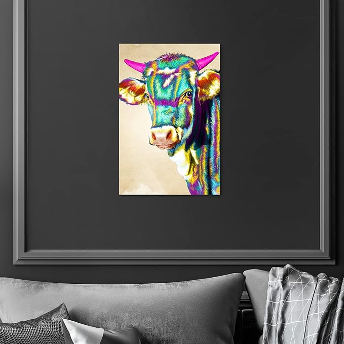 Country Farmhouse Canvas Print Painting Animal Wall Art 'Fun Colorful Glam Farm Cow' Unframed Gallery Wrapped Canvas Rustic Home Décor 10x15 in Green, Pink by Oliver Gal