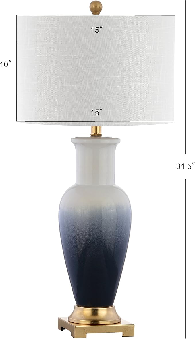 JONATHAN Y 31.5" White/Navy Blue Dip Dye Ceramic Table Lamp for Living Room, Large Bedside Lamp for Bedroom with White Linen Drum Shade, Traditional End Table Light, LED Bulb JYL3017A