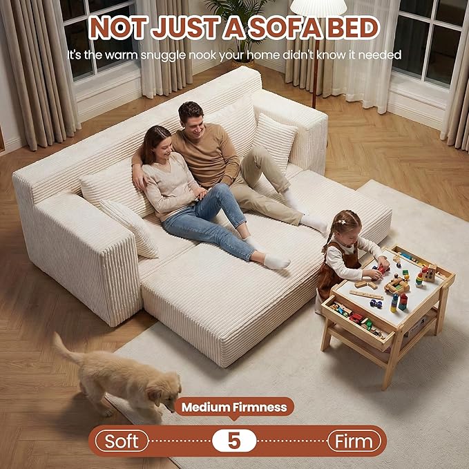 Convertible Sofa Bed, 5 in 1 Small Boneless Couch Pull Out Loveseat Sleeper Sofa,Corduroy Futon Couch Folding Mattress with 4 Pillows for Living Room (Beige, 3 Seater)