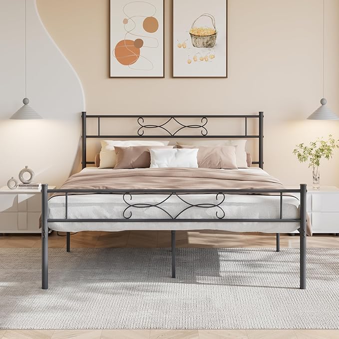 VECELO Queen Size Metal Platform Bed Frame with Headboard & Charging Station,Premium Steel Slat Support No Box Spring Needed,Noise-Free Anti-Slip,Easy Assembly