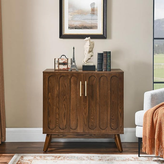 Ball & Cast 32" Mid Century Modern Sideboard Cabinet with Storage, Fluted Buffet Credenza Cabinet with Solid Wood Legs & Adjustable Shelf for Living Room, Entryway, Kitchen Coffee Bar, Walnut