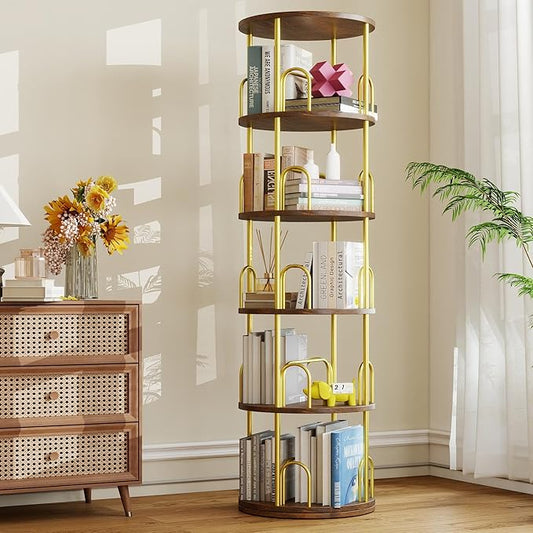 5-Tier Rotating Bookshelf, 360° Round Spinning Book Shelf Tower, Tall Skinny Wood & Metal Bookshelf for Corner/Office/Home, Modern Industrial Vintage Style
