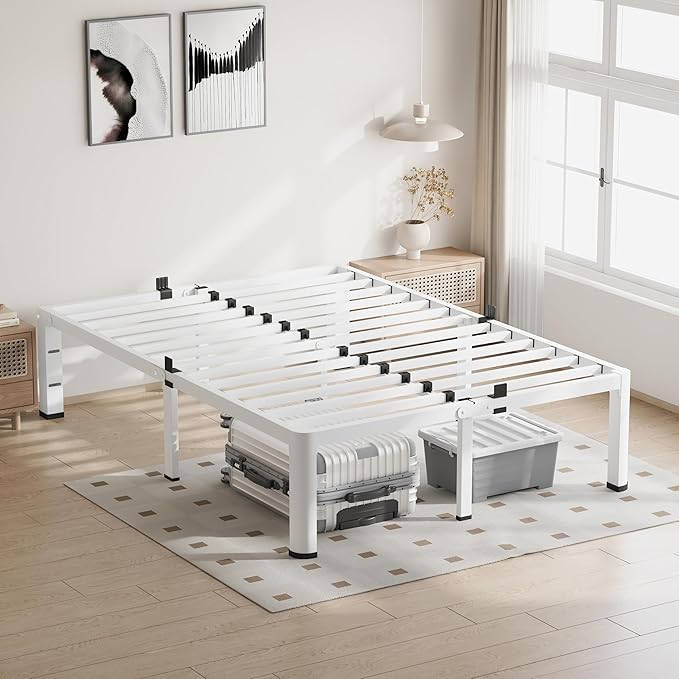 20 Inch Queen Size White Bed Frame, 3500Lbs Heavy Duty Metal Platform with Round Corner Legs Mattress Slide Stopper, Steel Slat Support No Box Spring Needed, Noise Free, Easy Assembly